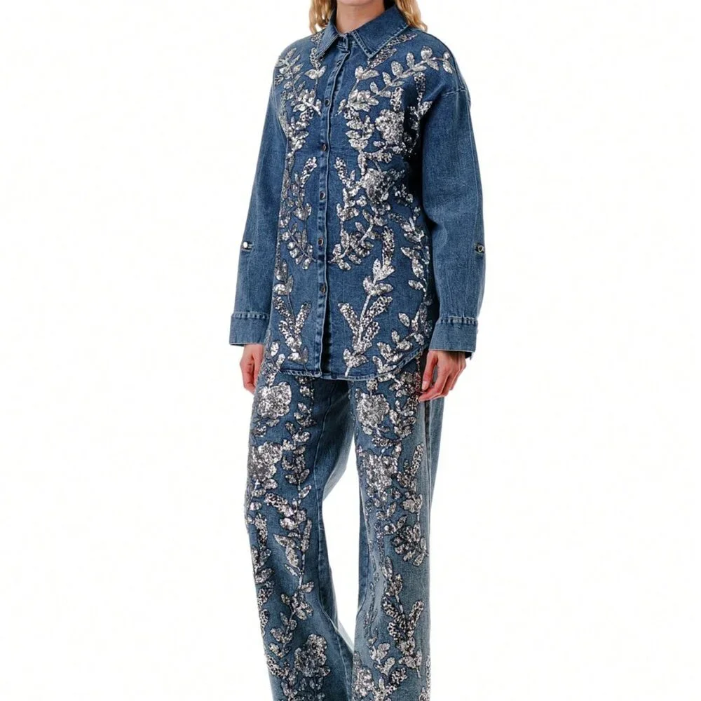 Blue Casual Women's Floral Sequin Party Denim Jacket & Jeans Vacation Set - Picture 4 of 6